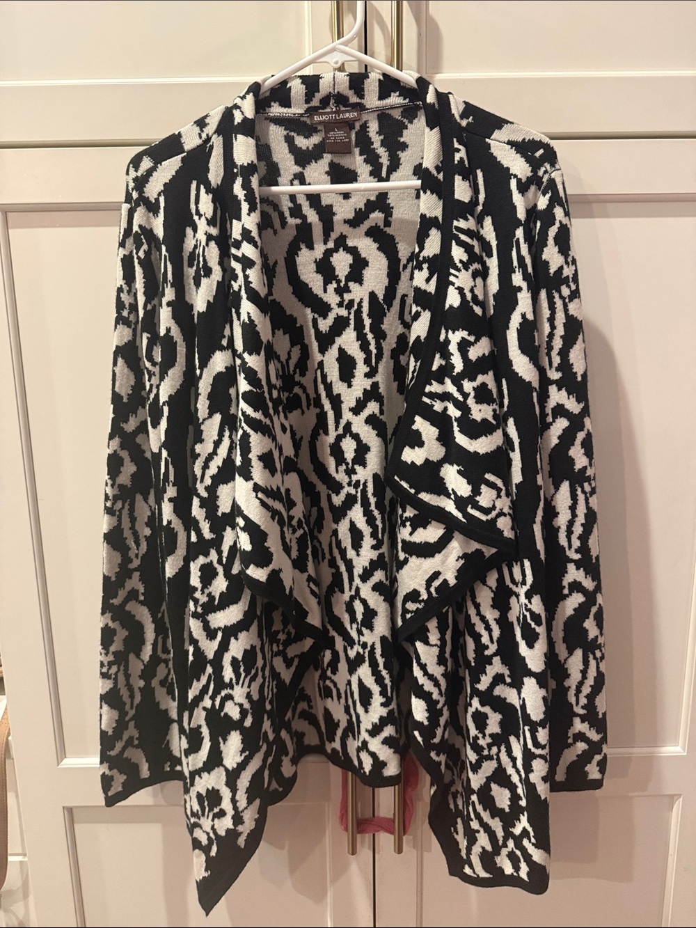 Elliott Lauren Black and White Draped Open-Front Cardigan large wool blend